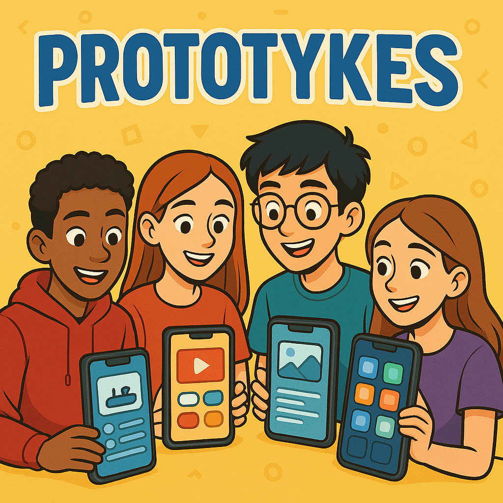 Diverse group of children showing their app designs on smartphones